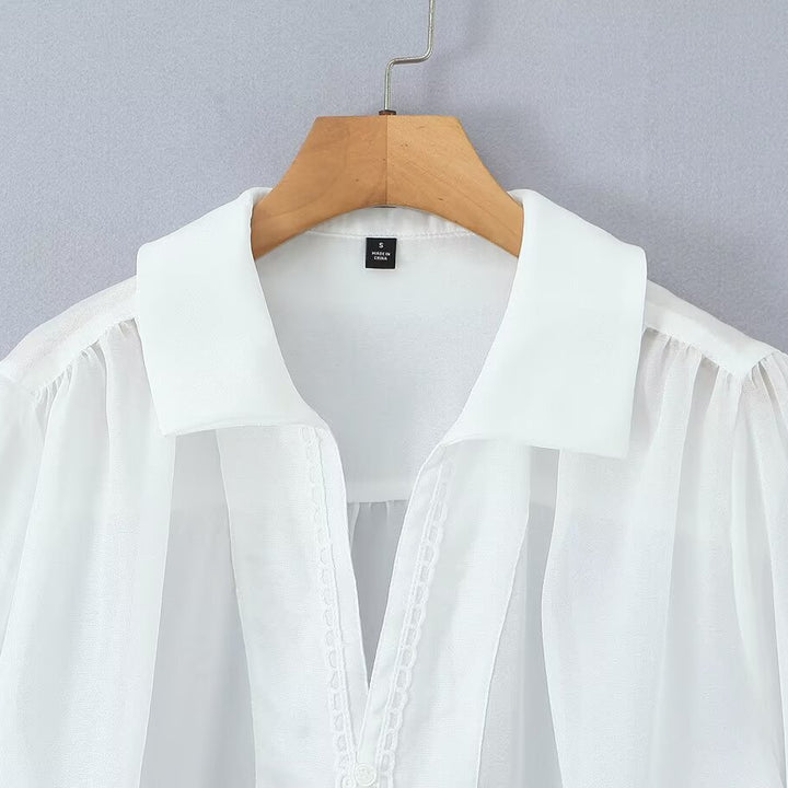 Damen elegante Chiffonbluse mit raffinierten Puffärmeln und edlem Kragen Drune