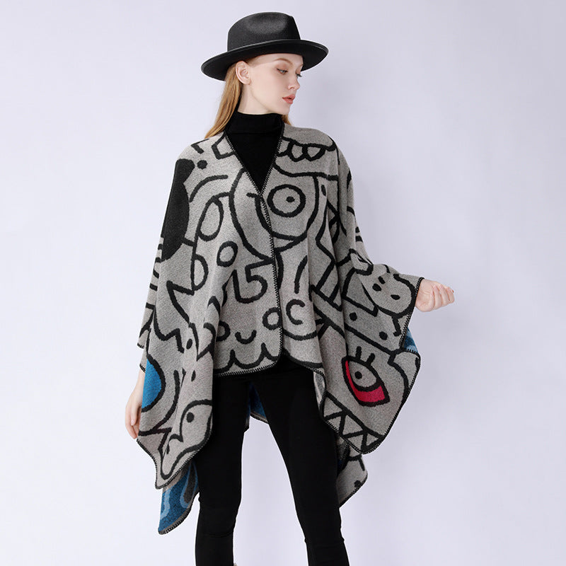 Damen Oversize-Poncho im künstlerischen Print mit zweifarbiger Kantenverarbeitung und asymmetrischem Zipfelsaum Drune
