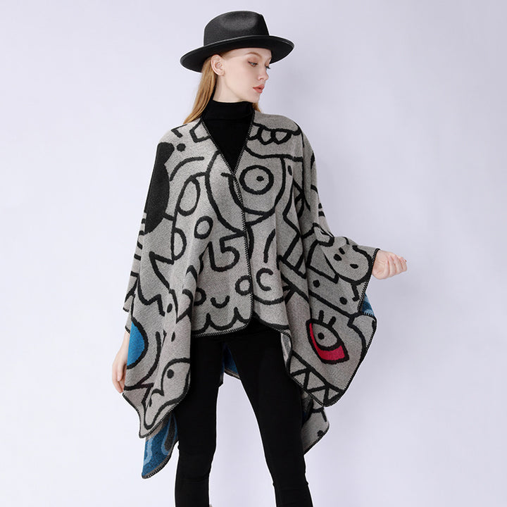 Damen Oversize-Poncho im künstlerischen Print mit zweifarbiger Kantenverarbeitung und asymmetrischem Zipfelsaum Drune