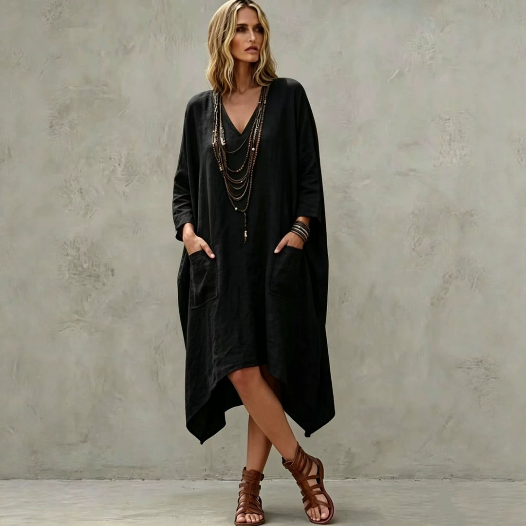 Damen nan Oversize Kaftankleid mit V-Ausschnitt, Eingrifftaschen und asymmetrischem Saum Drune