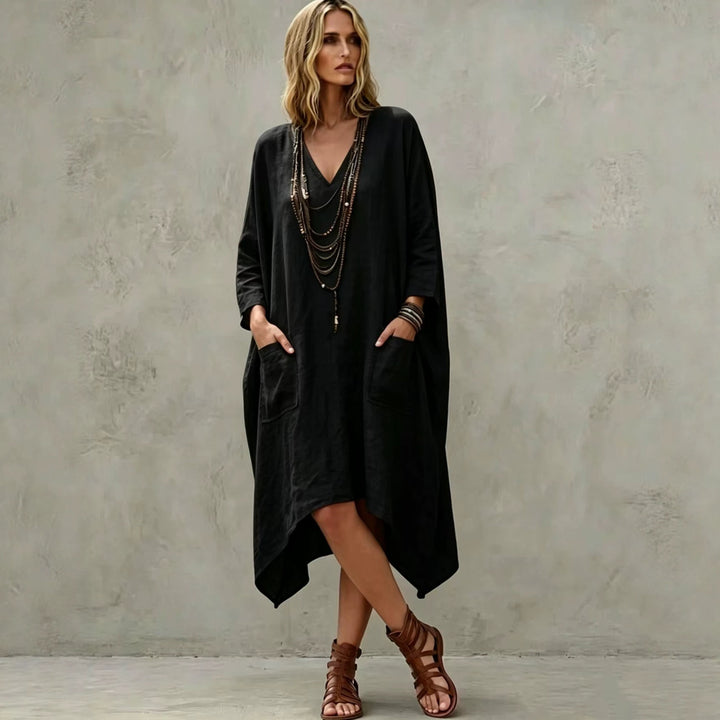 Damen nan Oversize Kaftankleid mit V-Ausschnitt, Eingrifftaschen und asymmetrischem Saum Drune