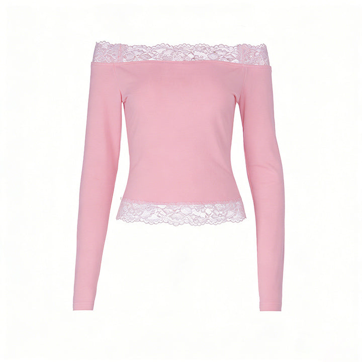Damen elegantes Off-Shoulder Shirt mit Spitzenbesatz Drune