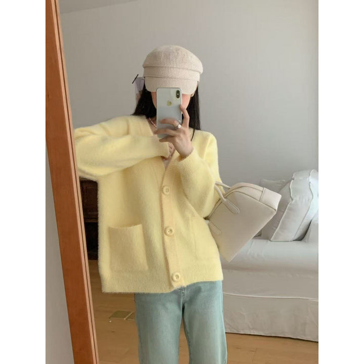 Damen Flauschiger Knopf-Cardigan mit eleganten Taschen Drune
