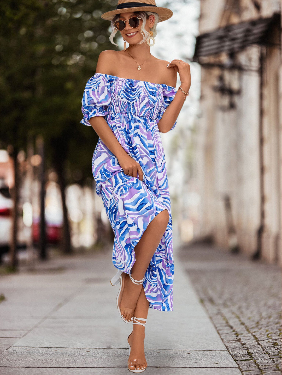 Damen Off-Shoulder Maxikleid mit floralen Akzenten und elastischer Taillierung Drune