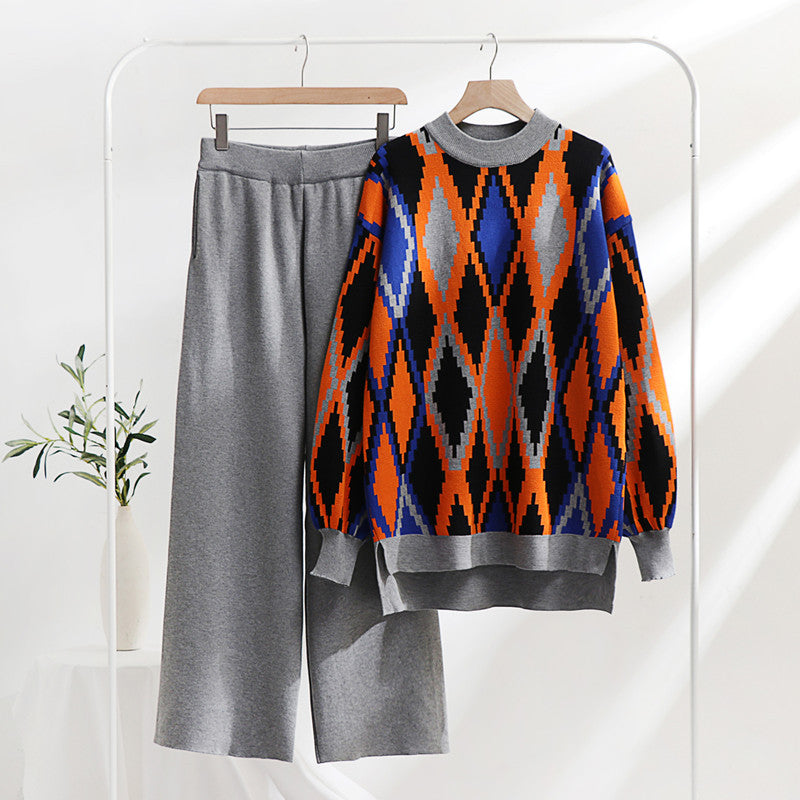 Damen modisches Strick-Loungewear-Set mit geometrischem Muster und weitem Schnitt Drune