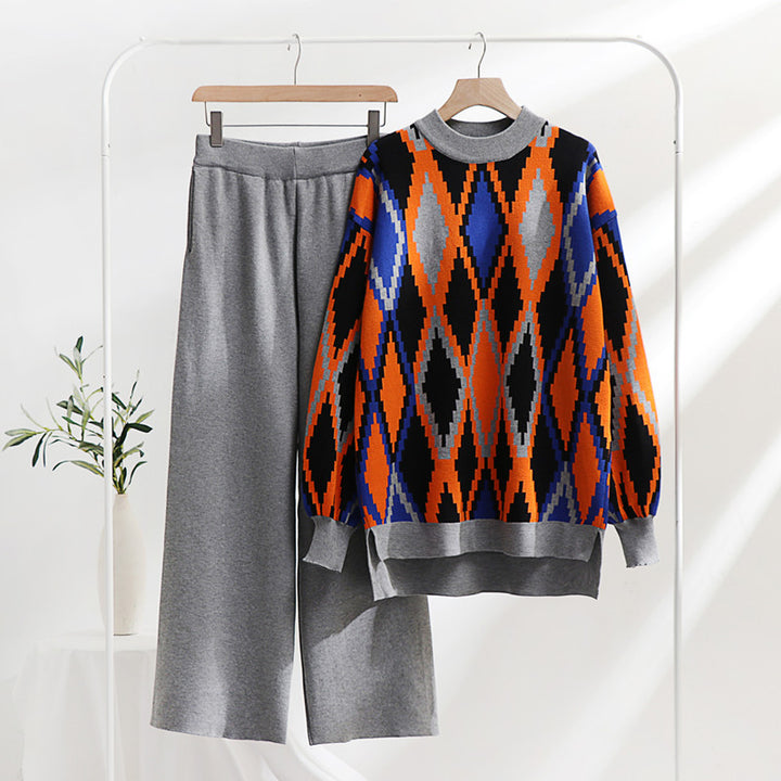 Damen modisches Strick-Loungewear-Set mit geometrischem Muster und weitem Schnitt Drune