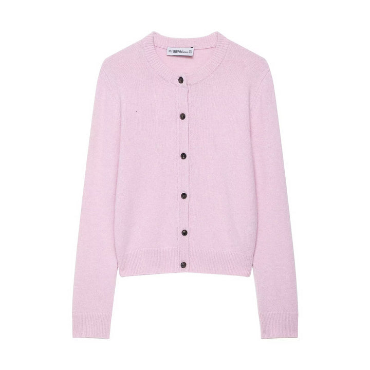 Damen Kurzgeschnittener Feinstrick-Cardigan mit Rundhalsausschnitt und Rippbündchen Drune