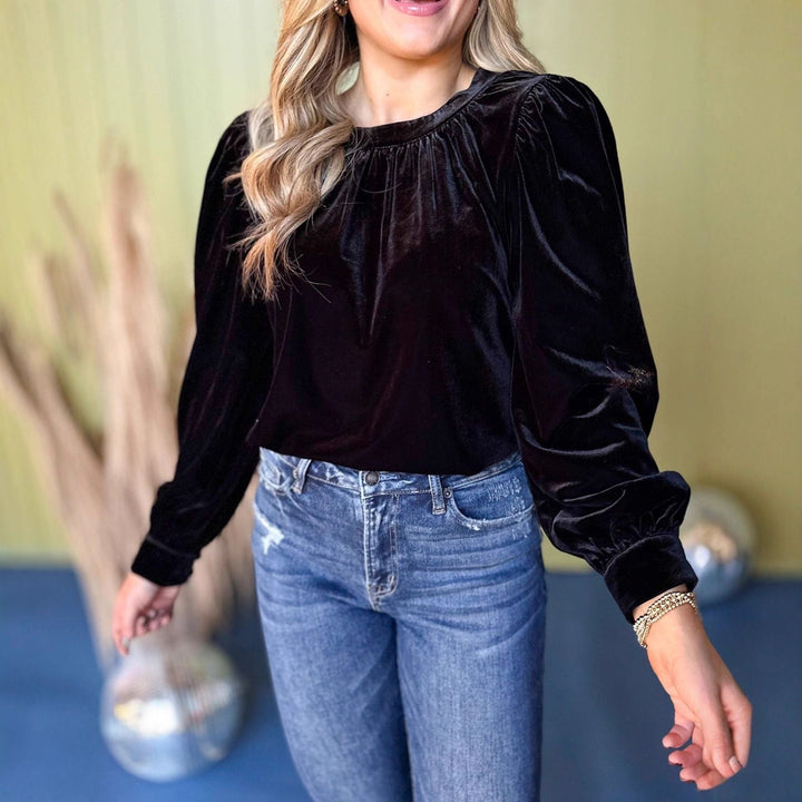 Damen Samtbluse mit Ballonärmeln und gerafftem Stehkragen Drune