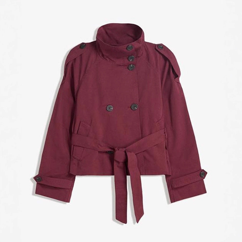 Damen Kurz geschnittener Trench‑Cape mit abnehmbaren Ärmeln, Stehkragen und Doppelreiher Drune