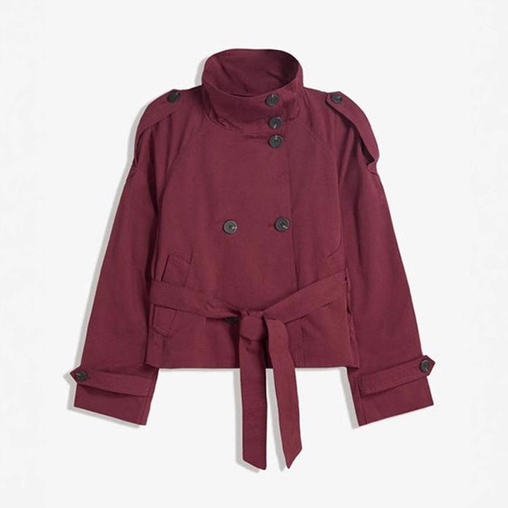 Damen Kurz geschnittener Trench‑Cape mit abnehmbaren Ärmeln, Stehkragen und Doppelreiher Drune