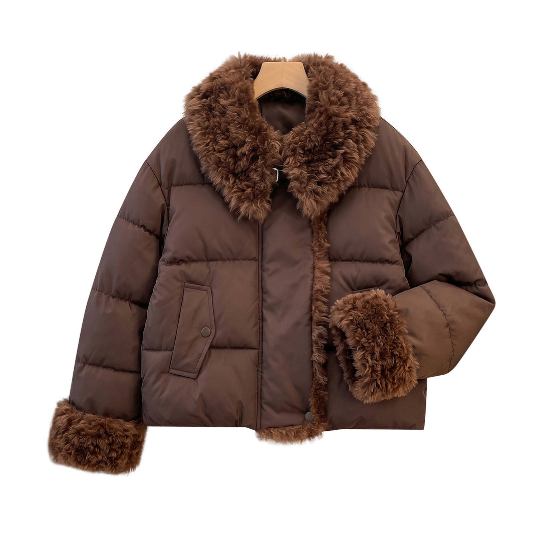 Damen nan wattierte Kurzjacke mit voluminösem Kunstfellkragen und Bommelbändern Drune