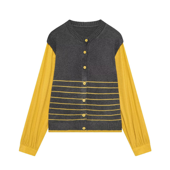 Damen Lagenlook-Strickcardigan mit gestreiftem Westeinsatz und Volumenärmeln Drune