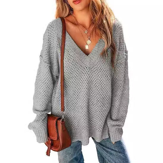 Damen Leicht gestrickter V-Ausschnitt Pullover mit lässigem Schnitt Drune