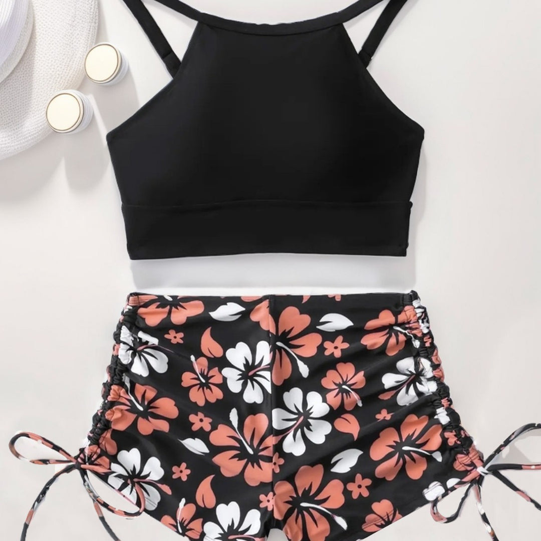 Damen Sportliches Bikini-Set mit hochgeschlossenem Oberteil und Rüschenhose Drune