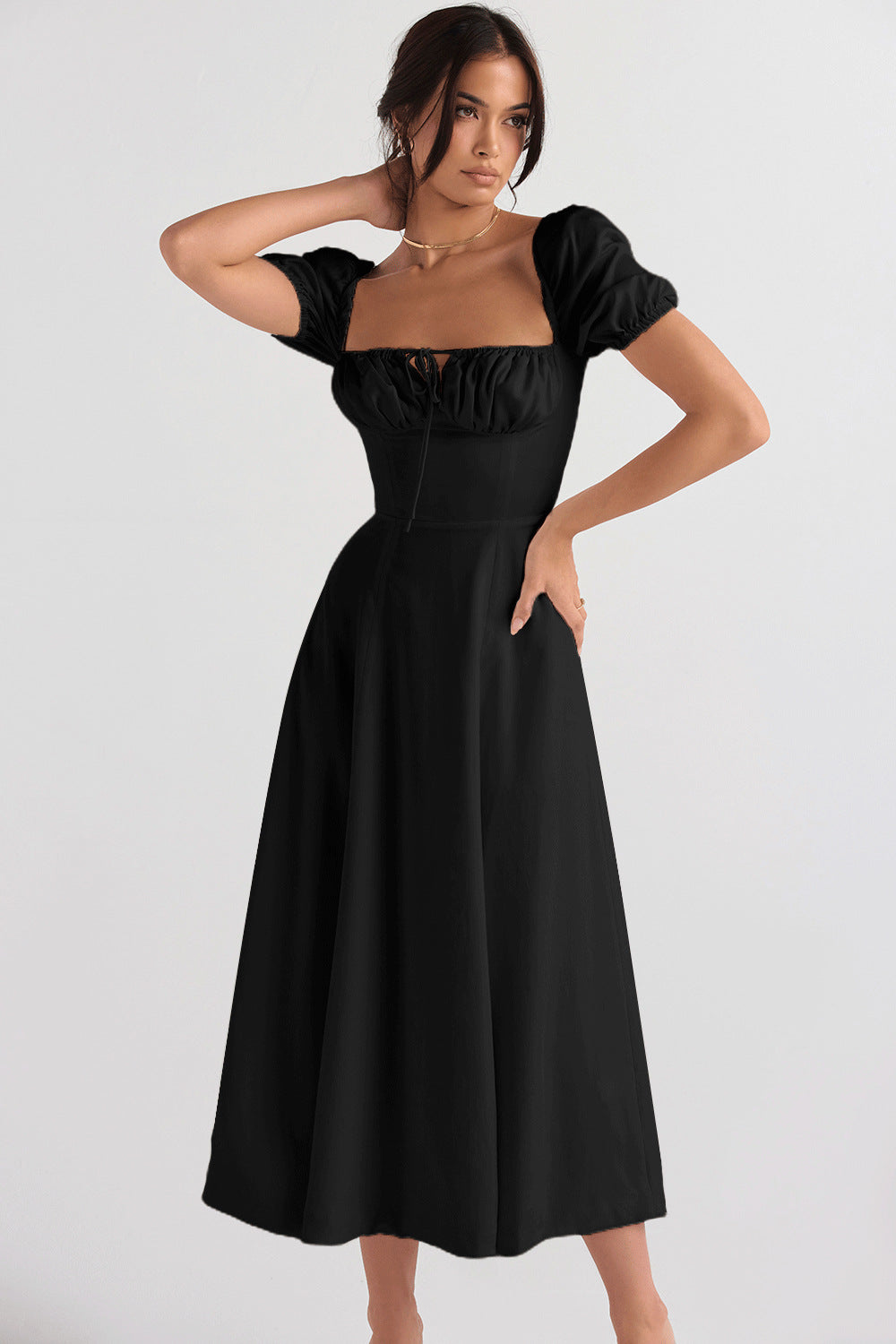 Damen Midi-Kleid mit gerafftem Oberkörper und ausgestelltem Rock Drune