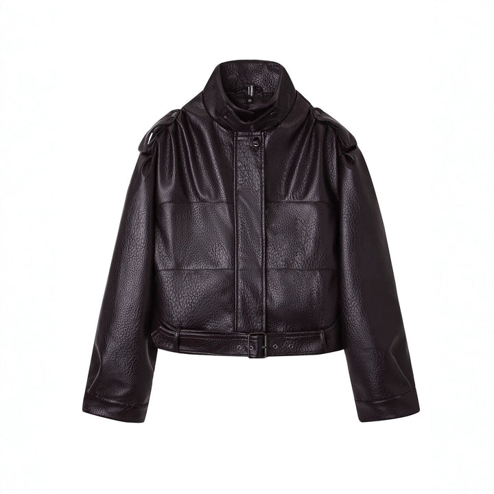Damen Modische Kunstlederjacke mit Gürtel Drune