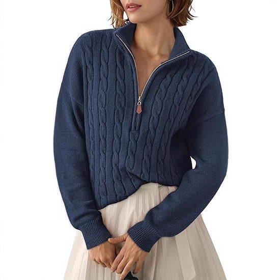 Damen Grobstrick Pullover mit Stehkragen und halbem Reißverschluss Drune
