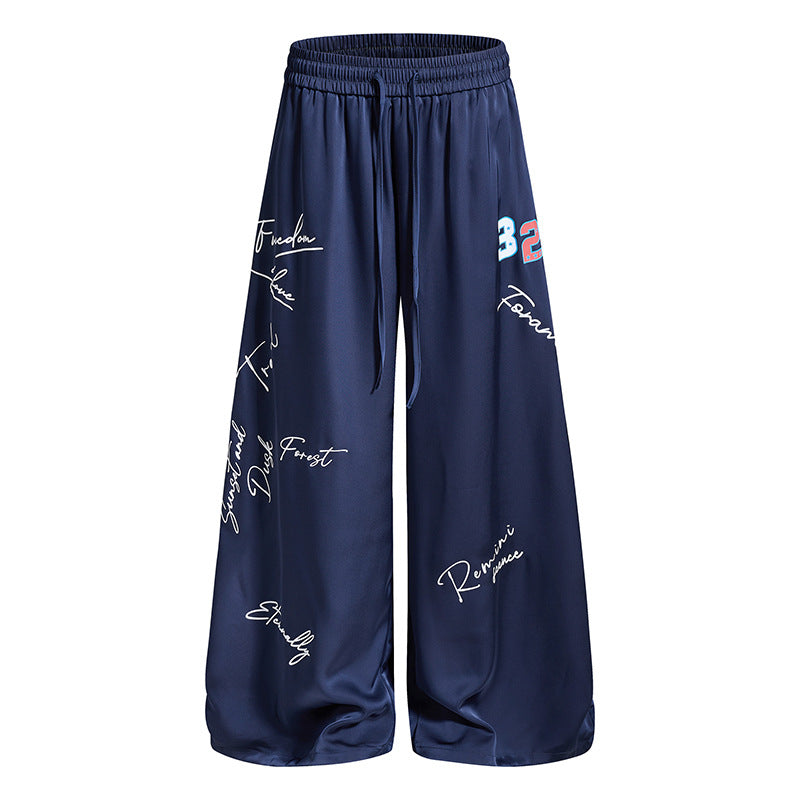Damen Weite Satin-Palazzo-Loungehose mit Elastikbund, Kordelzug und Script-Print Drune