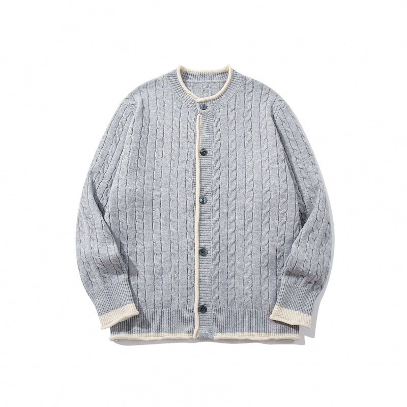 Unisex Feinstrick-Cardigan mit Zopfmuster, Rundhalsausschnitt und Kontrastblende Drune