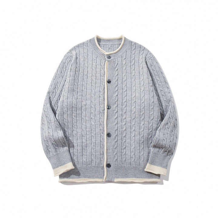 Unisex Feinstrick-Cardigan mit Zopfmuster, Rundhalsausschnitt und Kontrastblende Drune