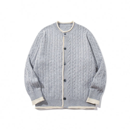 Unisex Feinstrick-Cardigan mit Zopfmuster, Rundhalsausschnitt und Kontrastblende Drune