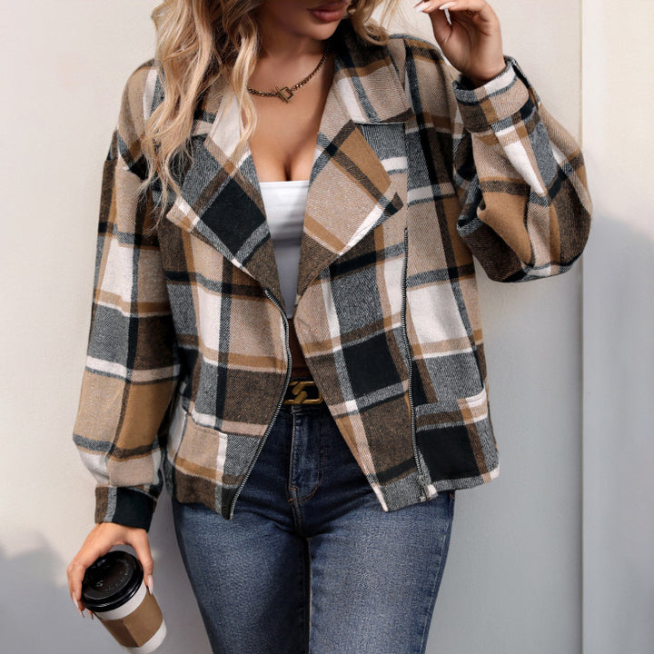 Damen Oversize-Karo-Shacket mit Reverskragen, Reißverschluss & aufgesetzten Taschen Drune