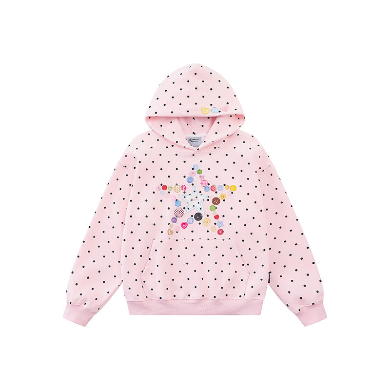 Damen Kapuzenpullover mit Knopf‑Sternapplikation, Polka‑Dot‑Allover und Kängurutasche Drune