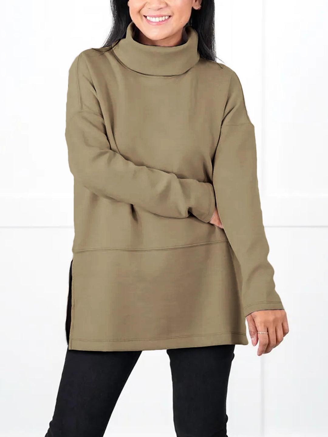 Damen Oversize Sweat-Tunika mit hohem Rollkragen, seitlichen Schlitzen und verlängertem Saum Drune