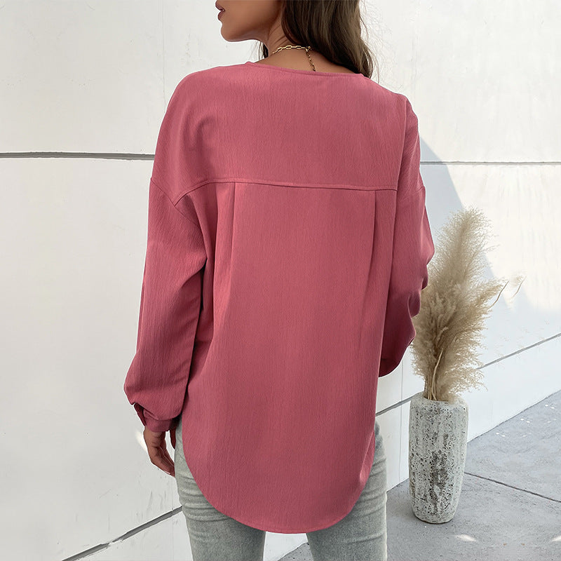 Damen Texturiertes Henley-Blusenshirt mit Knopfleiste und Brusttasche Drune