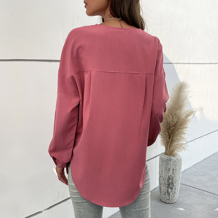 Damen Texturiertes Henley-Blusenshirt mit Knopfleiste und Brusttasche Drune