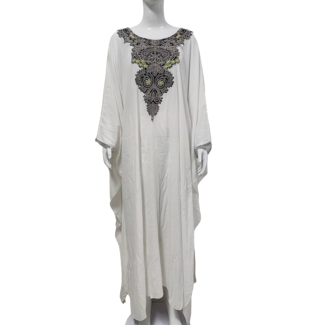 Damen Kaftan-Kleid mit aufwändiger Halsstickerei und weitem Schnitt Drune