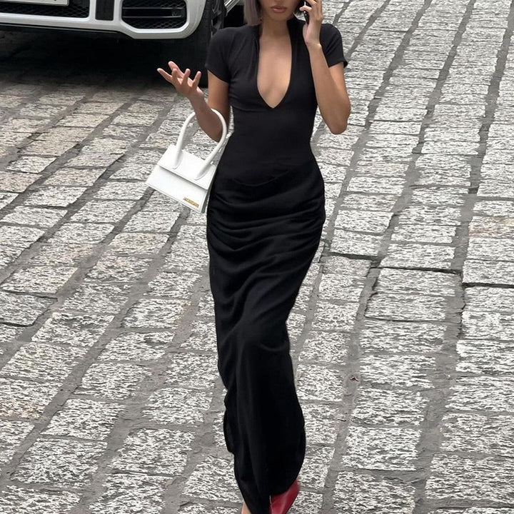 Damen Figurnahes Maxikleid mit tiefem V-Ausschnitt und seitlichen Raffungen Drune