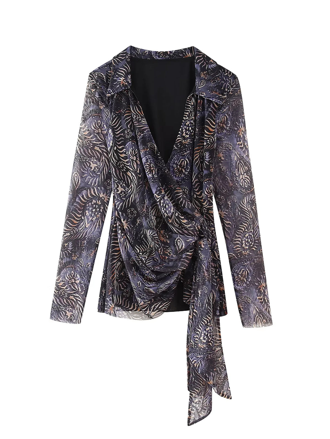 Damen nan drapiertes Wickelchiffon-Blusentop mit Hemdkragen und langen Bindeschleifen Drune