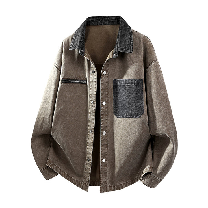 Herren Oversize Denim-Hemdjacke mit Kontrasttasche und Druckknopfleiste Drune