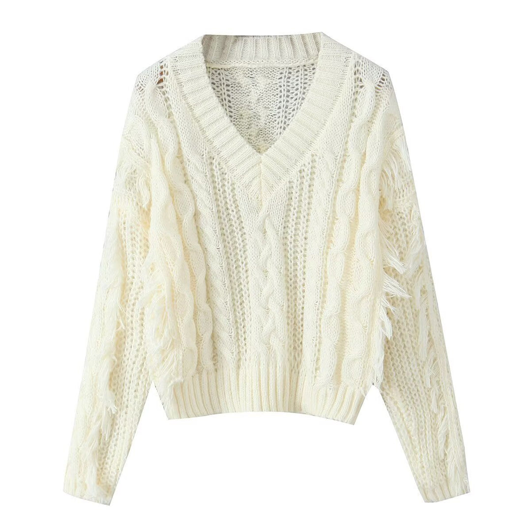 Damen Grobstrickpullover mit tiefem V-Ausschnitt und Fransen Drune