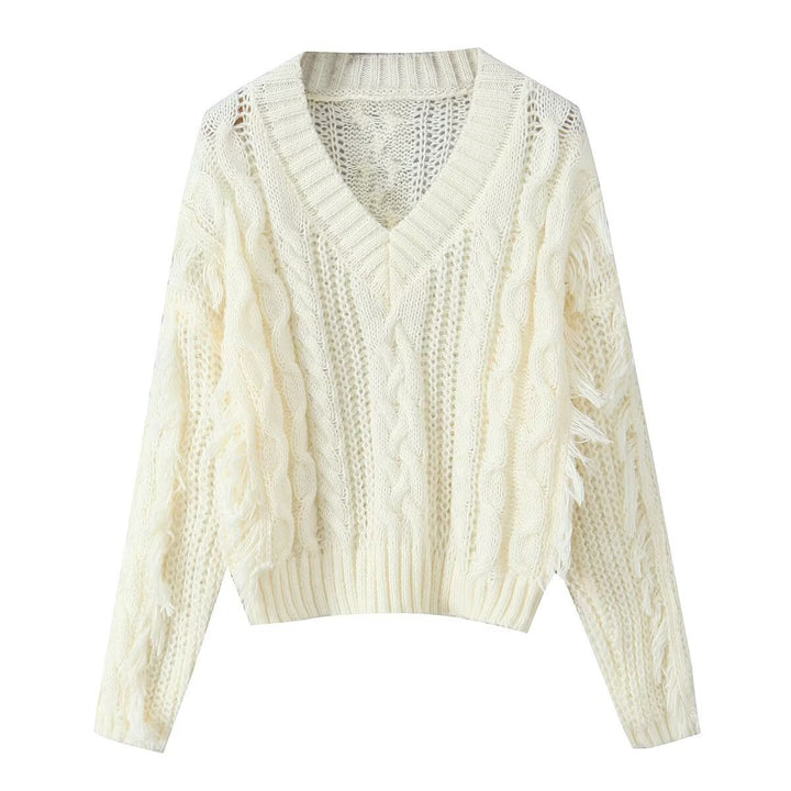Damen Grobstrickpullover mit tiefem V-Ausschnitt und Fransen Drune