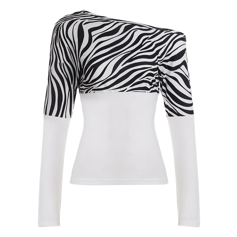 Damen Off-Shoulder Oberteil mit Zebra-Muster und langen Ärmeln Drune