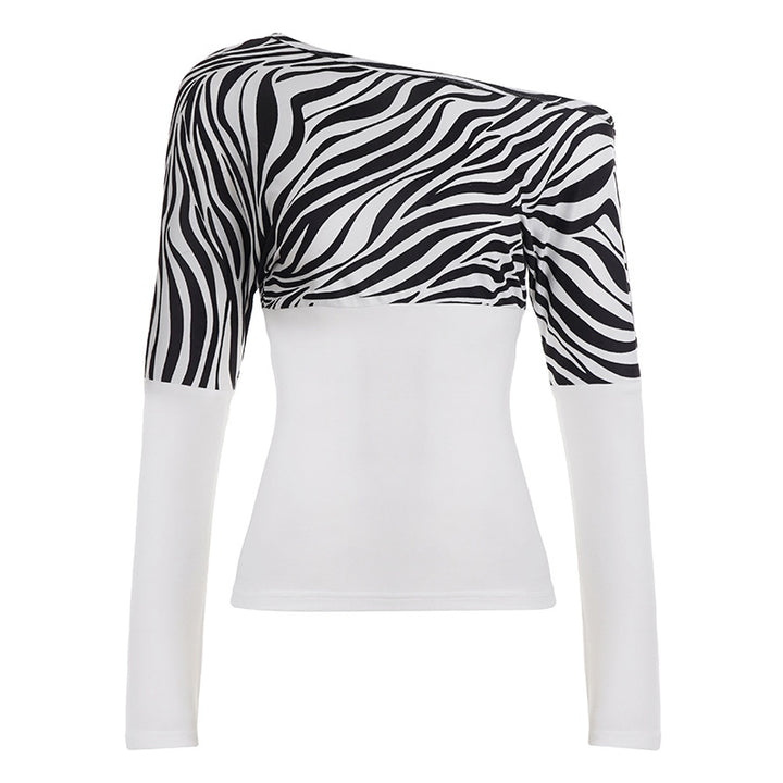 Damen Off-Shoulder Oberteil mit Zebra-Muster und langen Ärmeln Drune