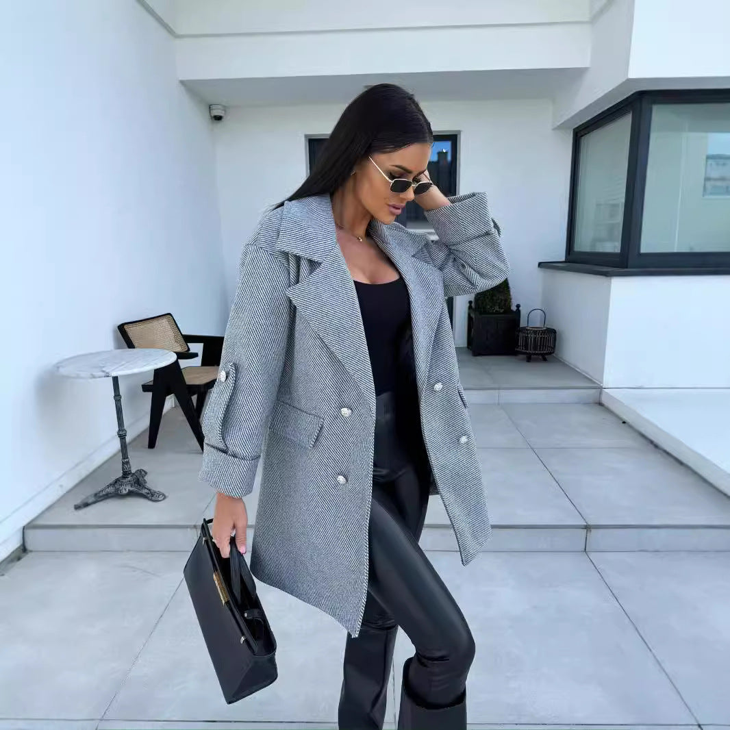 Damen Eleganter Oversized-Blazer mit doppelter Knopfleiste und praktischen Taschen Drune