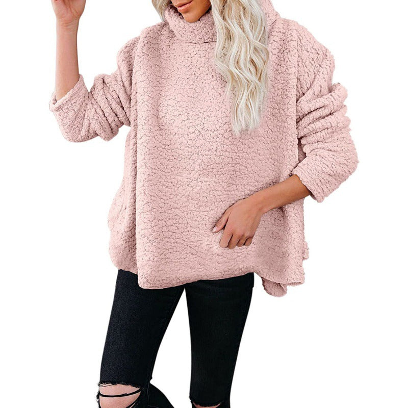 Damen Oversize-Sherpa-Pullover mit hohem Rollkragen, verlängertem Rückensaum und lässiger Silhouette Drune