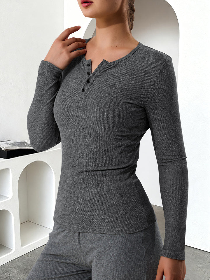 Damen Geripptes Henley-Langarmshirt mit Knopfleiste und figurnahem Schnitt Drune