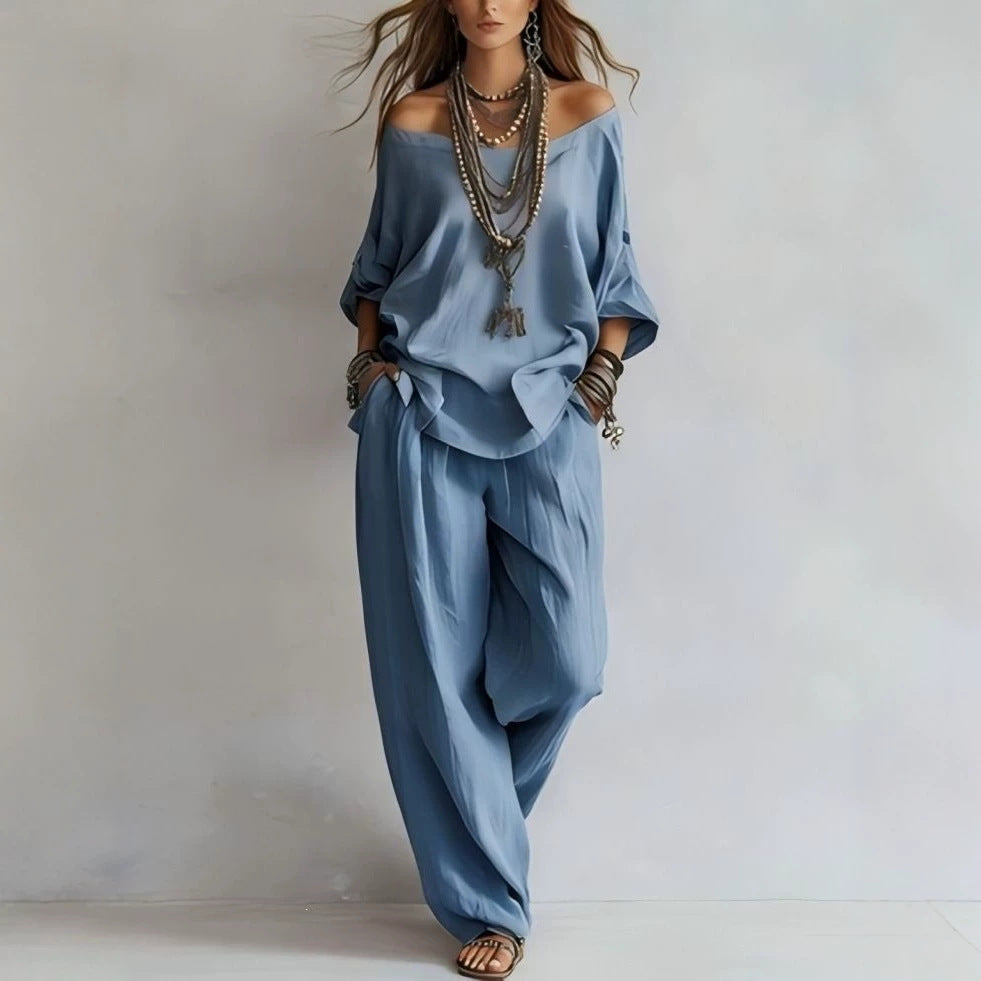 Damen Lässiges Leichtes Lounge-Set mit Carmenausschnitt und Palazzo-Hose Drune