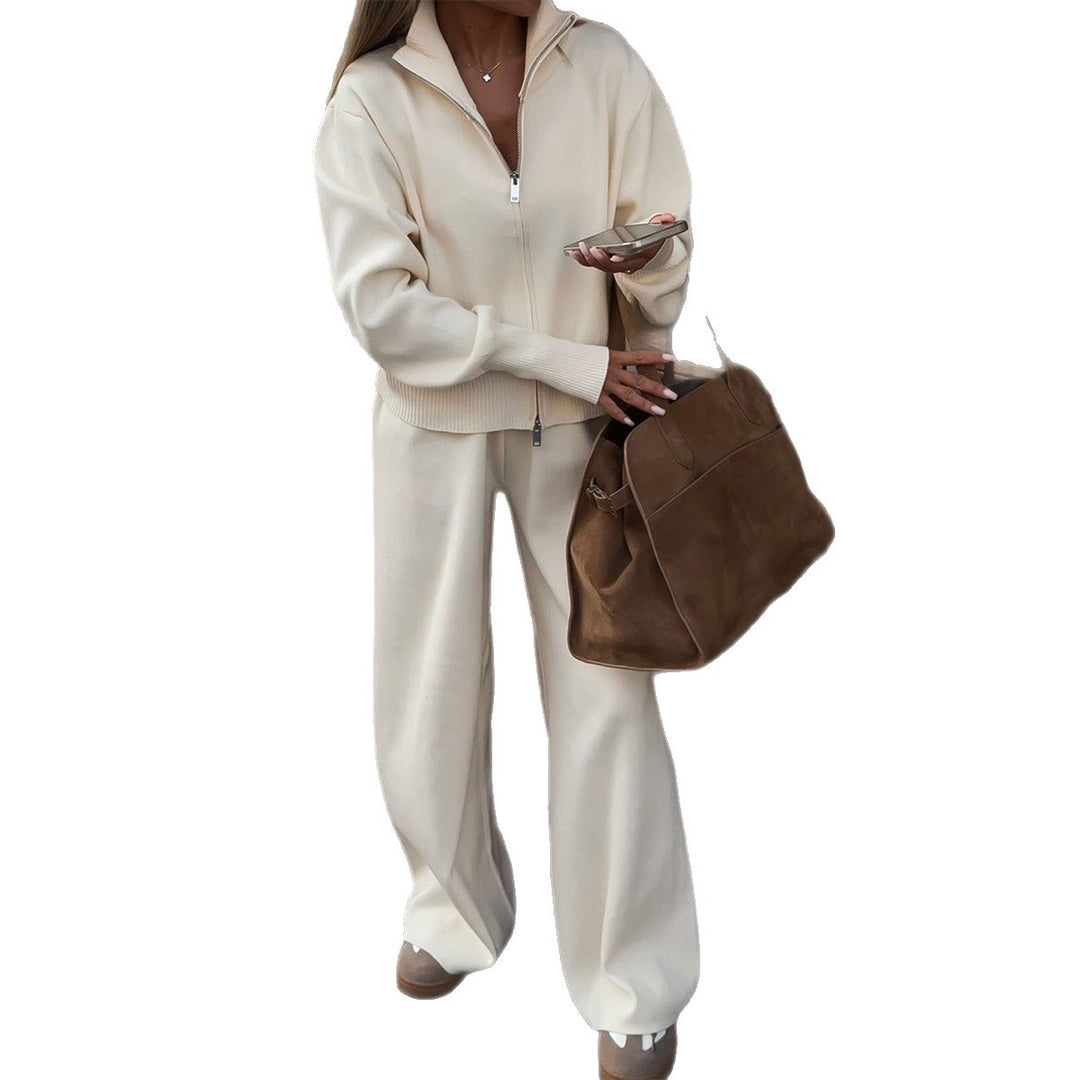 Damen nan Strick-Loungewear-Set mit halbhohem Kragen, Reißverschluss und weitem Highwaist-Hose Drune