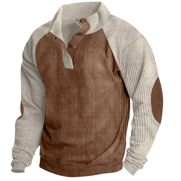 Herren nan strukturiertes Henley-Sweatshirt mit Stehkragen, Raglanärmeln und Ellbogenpatches Drune