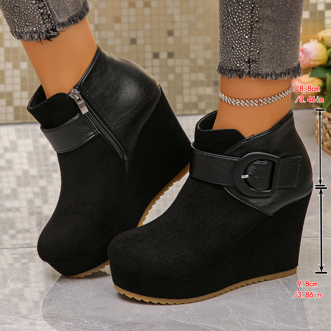 Damen Modische Wedge Stiefeletten mit Reißverschluss und Schnallen-Detail Drune