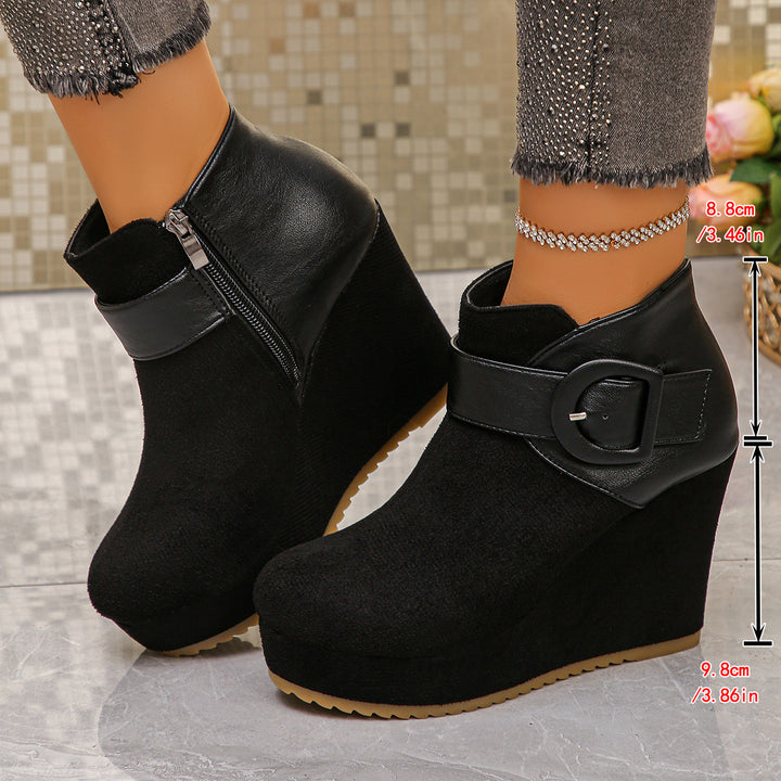Damen Modische Wedge Stiefeletten mit Reißverschluss und Schnallen-Detail Drune