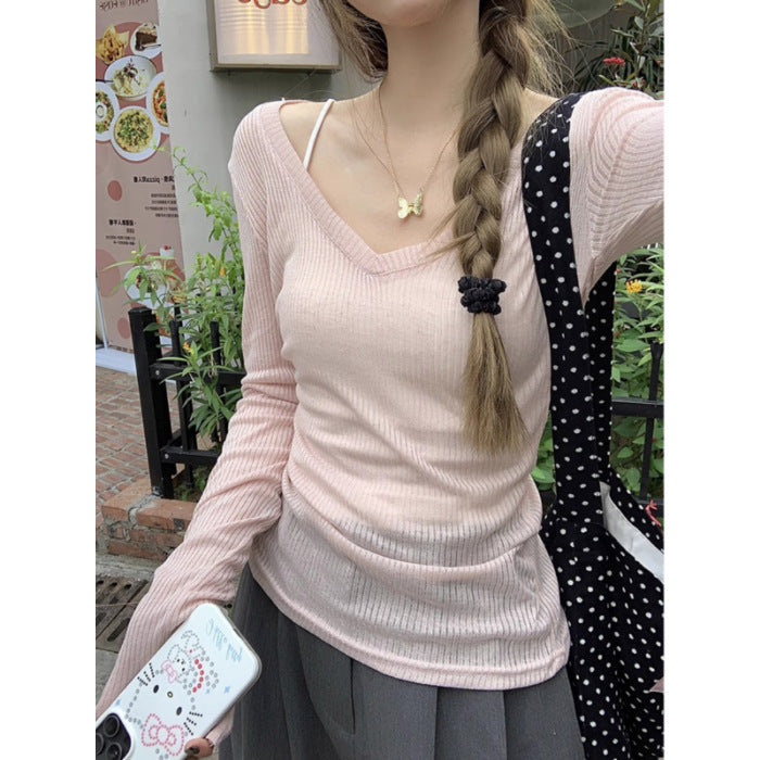 Damen langärmeliges Ripp-T-Shirt mit elegantem V-Ausschnitt Drune