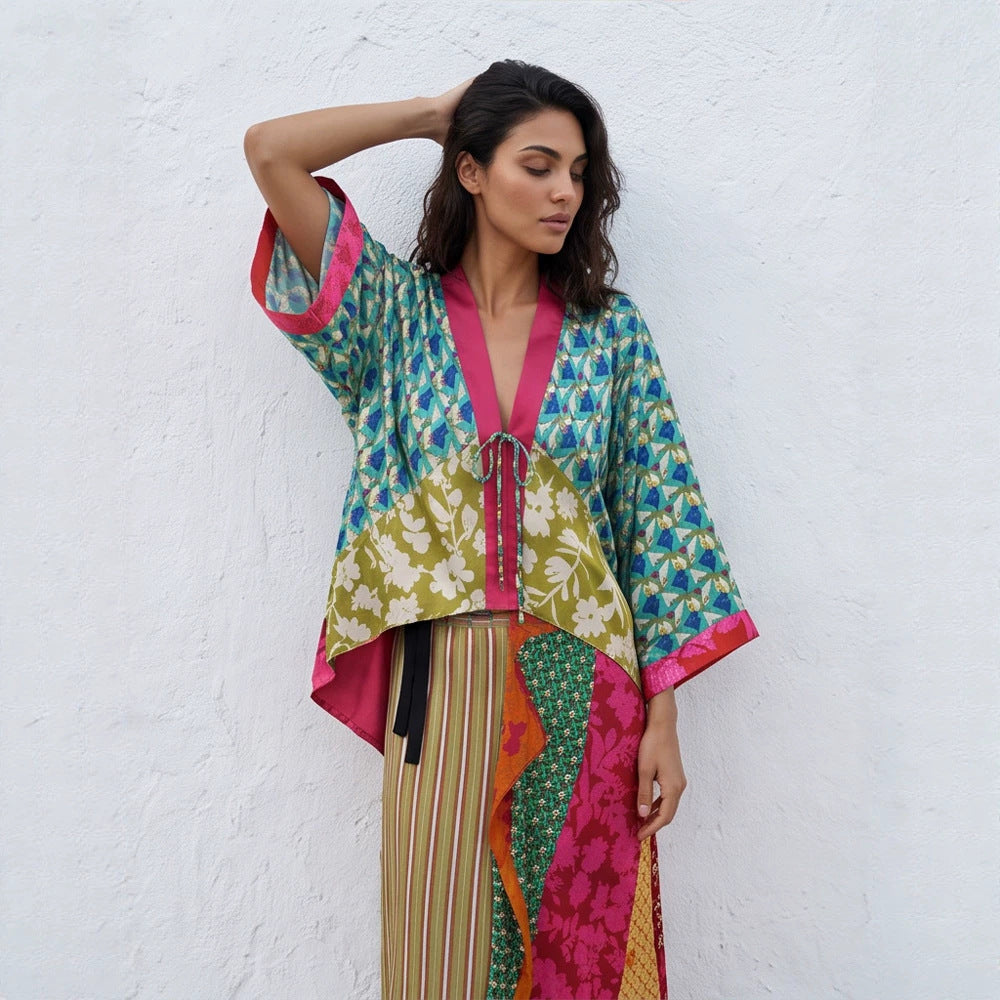 Damen Patchwork-Kimono-Top aus Seidenmix mit tiefem V‑Ausschnitt und Bindegürtel Drune