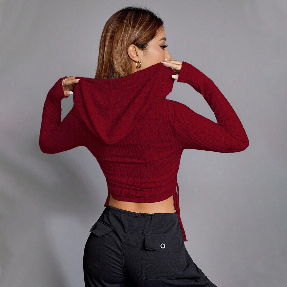 Damen geripptes Crop-Hoodie mit Tunnelzugseitennähten, figurbetonter Silhouette und langen Ärmeln Drune