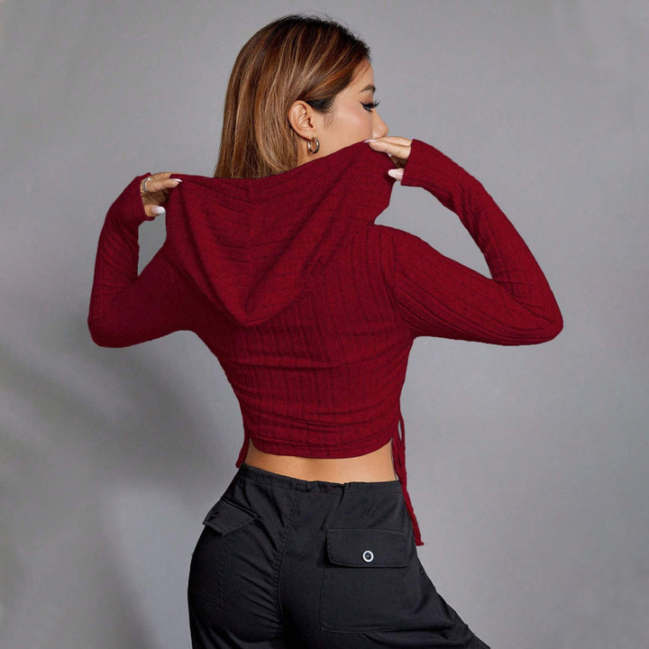 Damen geripptes Crop-Hoodie mit Tunnelzugseitennähten, figurbetonter Silhouette und langen Ärmeln Drune